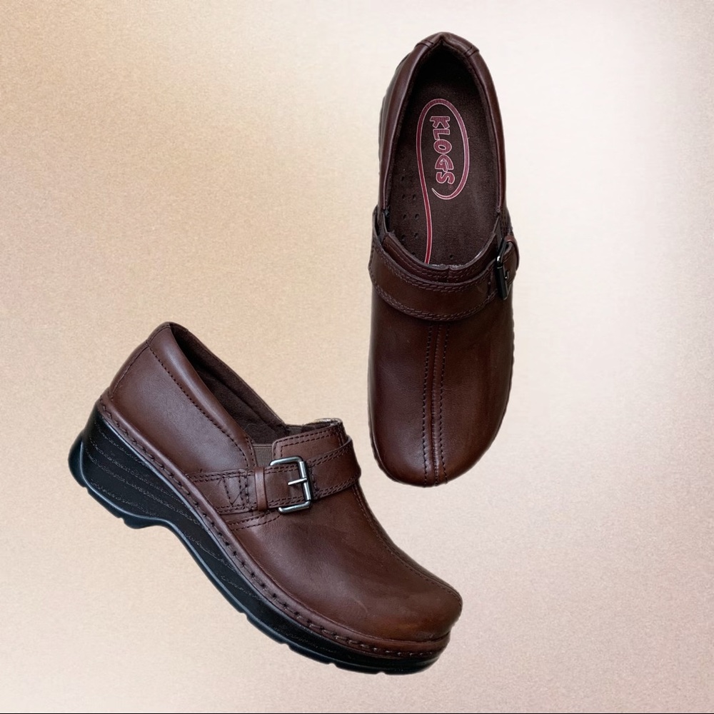 KLOGS Brown Leather Clogs Closed Back Shoes Buckle Detail Women's Size 10